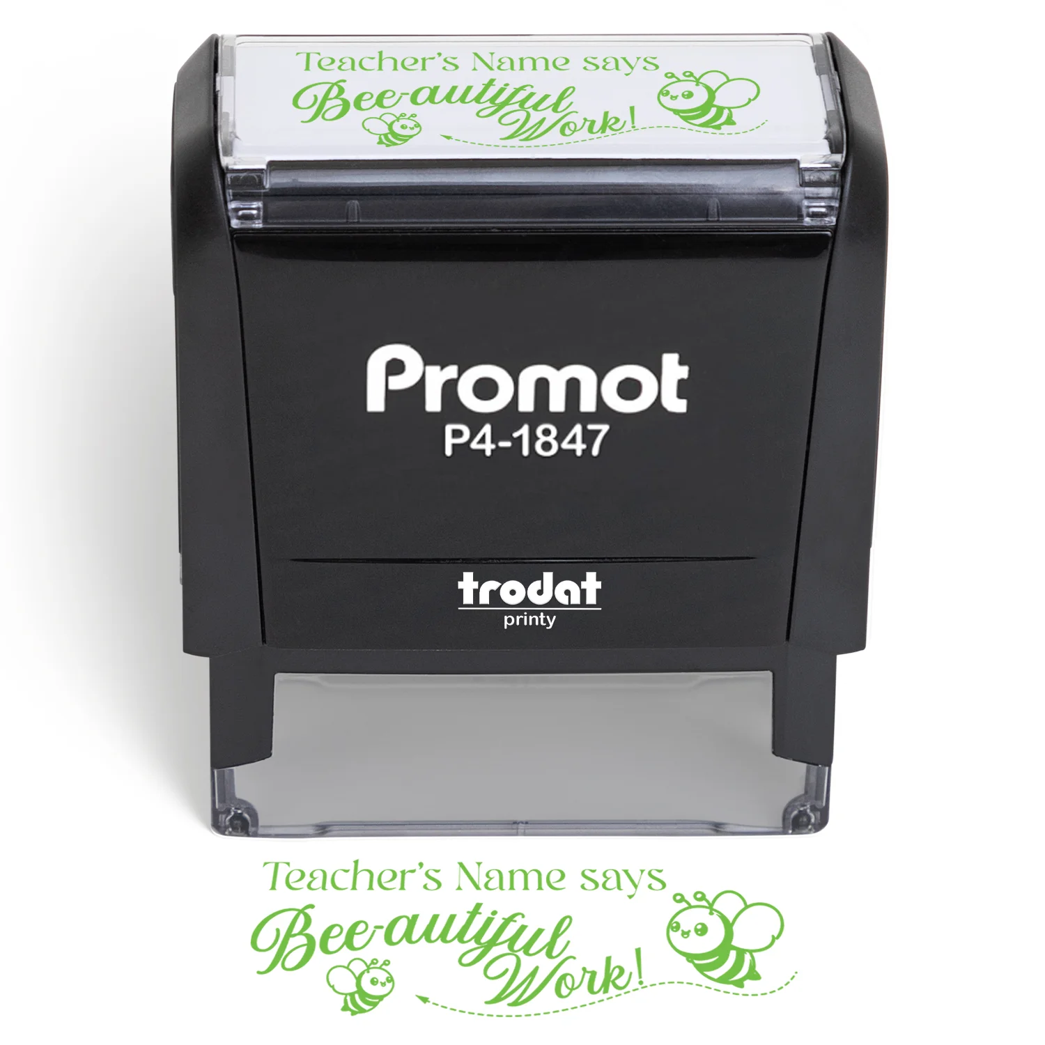 Teacher Custom Rubber Stamp "Bee-autiful Work" - Medium with customizable design and 5 ink color options